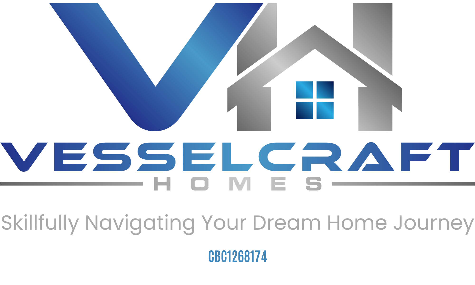 Vesselcraft Homes logo, featuring a stylized blue 'V' and gray 'H' with a house icon, representing custom home building services in Fort Myers Beach.